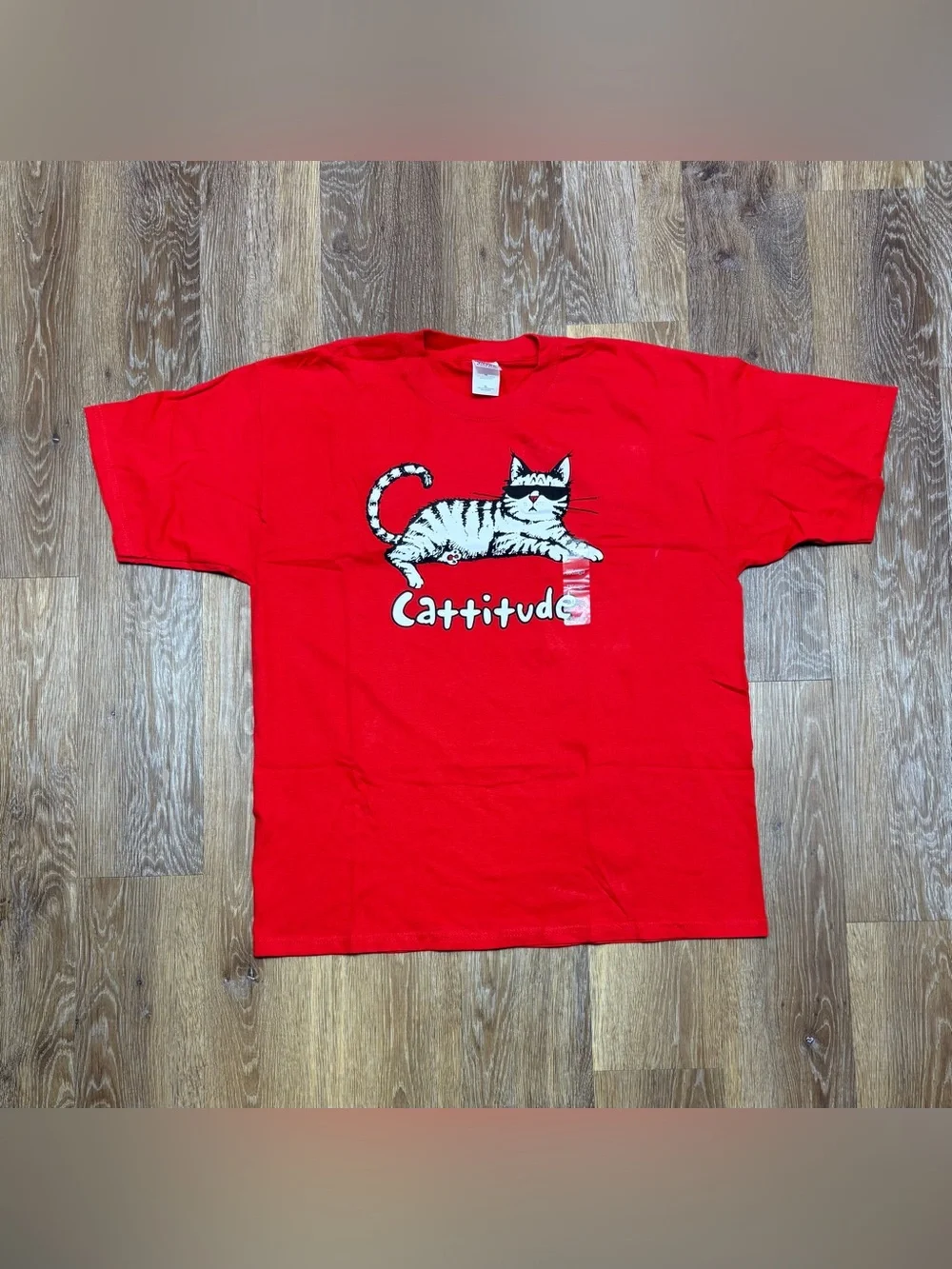 Gildan Red T-Shirt with White & Black Cat 'Cattitude' Graphic